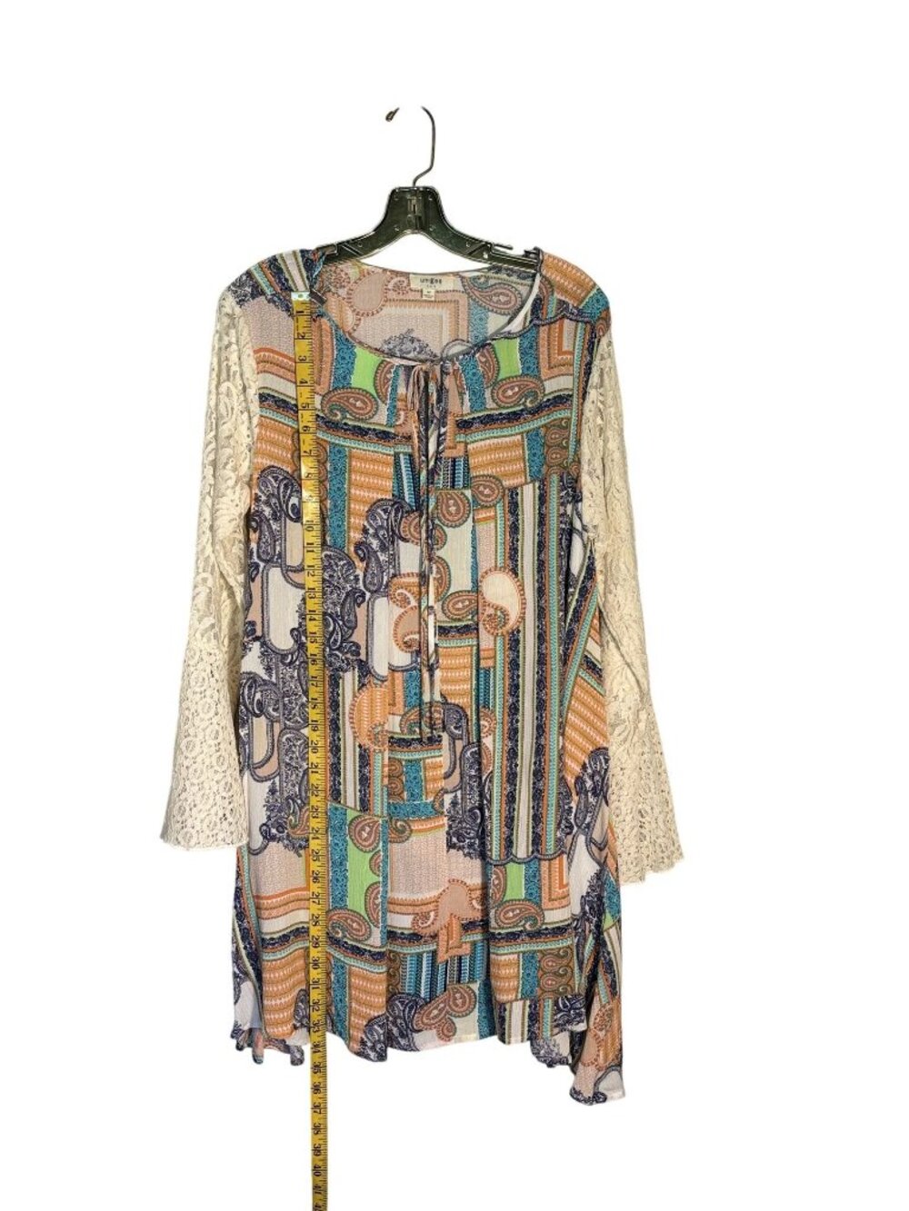 Umgee USA Womens Boho Tunic Dress With Lace Bell Sleeves & Paisley Patchwork - Picture 5 of 8
